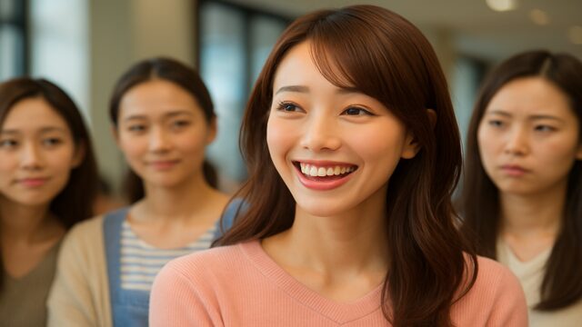 周囲の女性たちから羨望の視線を向けられている、明るく華やかな美人女性のグループショット。