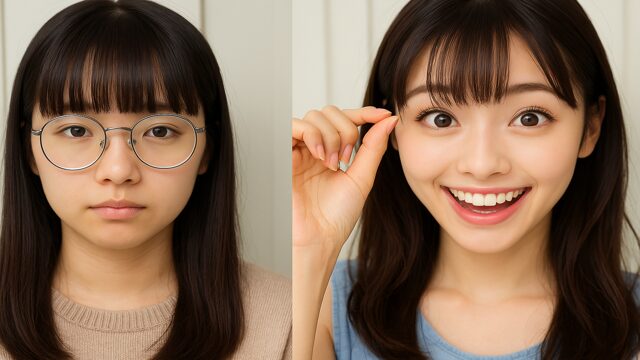 銀縁メガネをかけた地味な女子が、メガネを外した瞬間に美しさが際立つビフォーアフターのワイド画像。