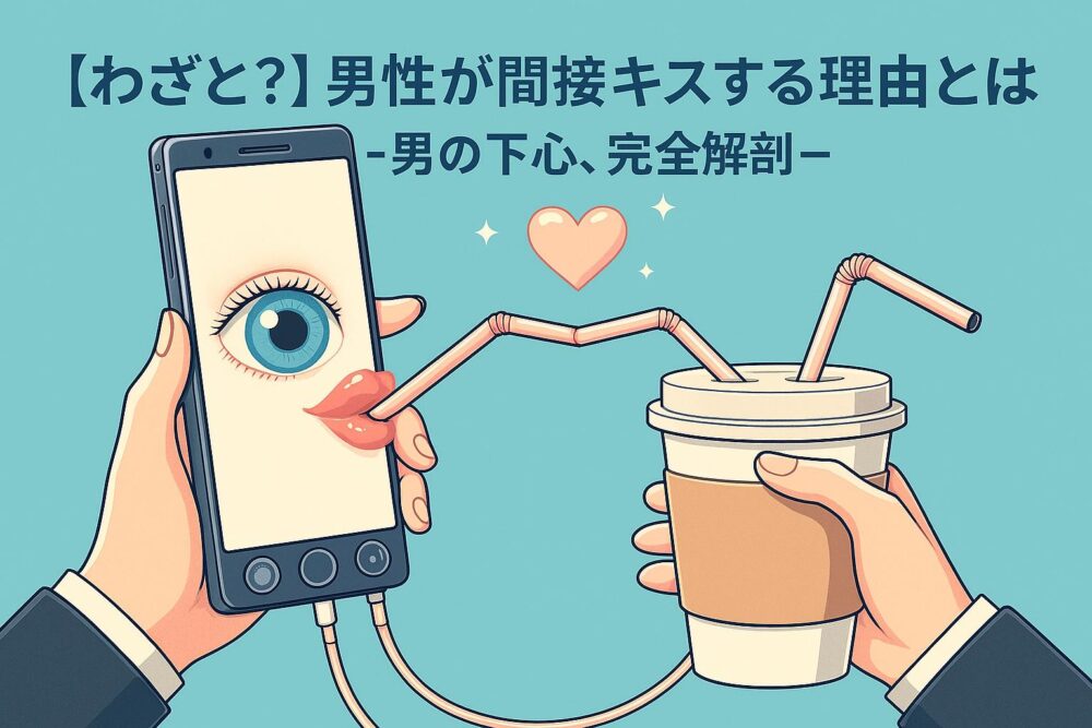 スマホ越しの間接キスをユーモラスに描いたイラスト。男女の恋愛心理を象徴する構図。