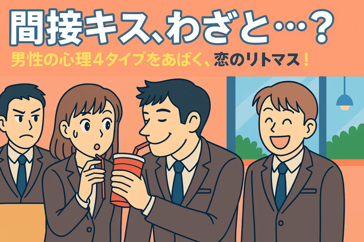 間接キス、わざと…？ 男性の心理4タイプをあばく恋のリトマスを描いたブログ用アイキャッチイラスト