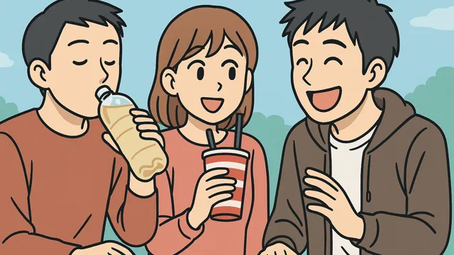 友達同士でペットボトルやジュースを回し飲みしている若者たち。恋愛感はなく無意識な雰囲気を表すイラスト