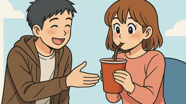 照れながら飲み物を差し出す男子と、ドキドキしながら受け取る女子。好意を感じさせる間接キスの場面
