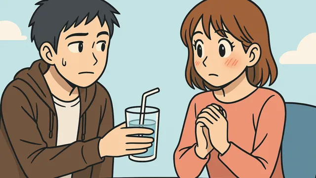 女子の反応を伺いながらグラスを差し出す男子と、戸惑いながら見つめ返す女子。探りを入れる心理を表した間接キスの場面