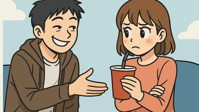 ニヤけ顔で飲み物を差し出す男子と、警戒気味に受け取る女子。下心を感じさせる間接キスの場面