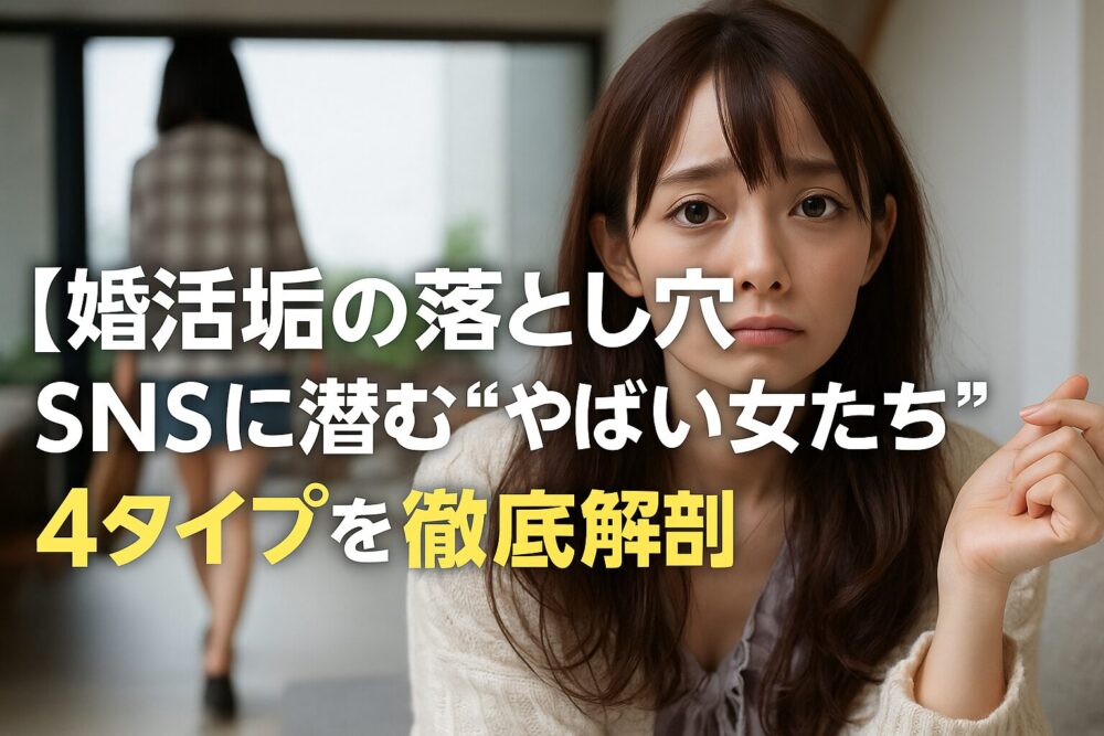 SNS婚活に疲れた女性が困惑した表情を見せ、背後には去っていく別の女性の姿がある。婚活垢の現実と孤独を象徴するイメージ。
