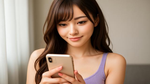 加工感のある自撮り風ポーズをとる若い女性。SNS婚活で人気を集める“ビジュ強め女子”の象徴的なイメージ。