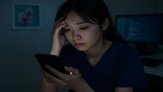 深夜にスマートフォンでSNSを見つめる女性。精神的に不安定な様子が表情に表れており、婚活垢の“情緒ジェットコースター型”を象徴するシーン。