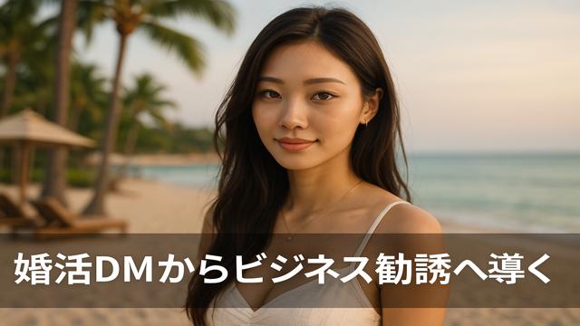 南国リゾート風の背景で微笑む美女のプロフィール画像。婚活垢のDMからLINEへ誘導し、ビジネスや投資の勧誘に繋げる“ハニートラップ型”を象徴するシーン。
