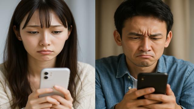 スマートフォンを見つめる男性と女性が対照的に並ぶ構図。SNS婚活における男女の“期待のズレ”やすれ違いを象徴するイメージ。