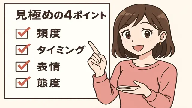 みらいちゃんが間接キスの見極め方チェックリストを指さして解説するイラスト（頻度・タイミング・表情・態度の4ポイント）