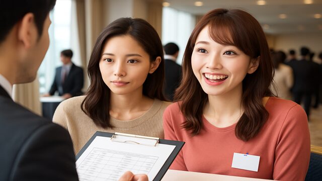 婚活パーティーの受付で話しかけてくる明るい表情の美人女性と、その隣で落ち着いた様子の友人女性。