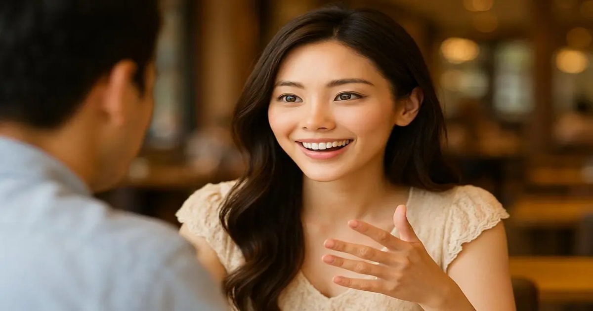 カフェで会話する日本の美人女性。明るくよく喋る一方で、対面の男性が少し疲れているように見える様子。「よく喋る女性はモテるのか、それとも疲れさせるのか」を象徴するシーン。