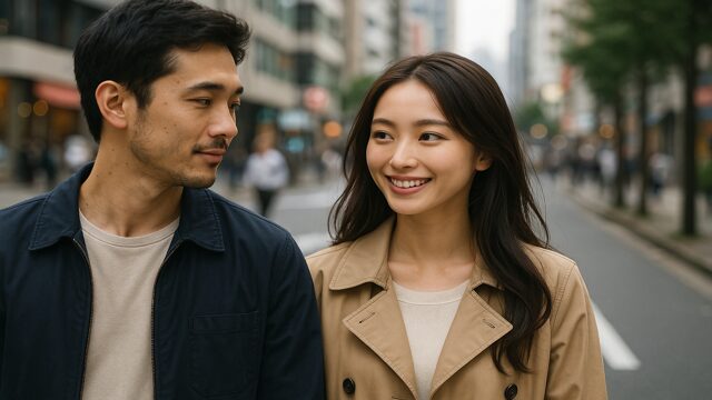 街中を一緒に歩きながら会話を楽しむ男女。笑顔を見せる美人女性と、優しく見つめる男性のツーショット。
