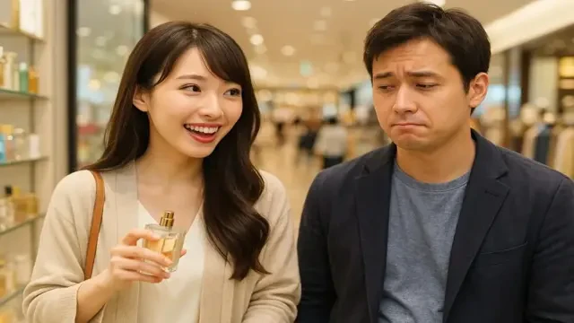 ショッピングデート中に笑顔で話し続ける女性と、少し疲れた表情を見せる男性。よく喋る女性に男が静かに冷める恋愛心理をイメージしたシーン