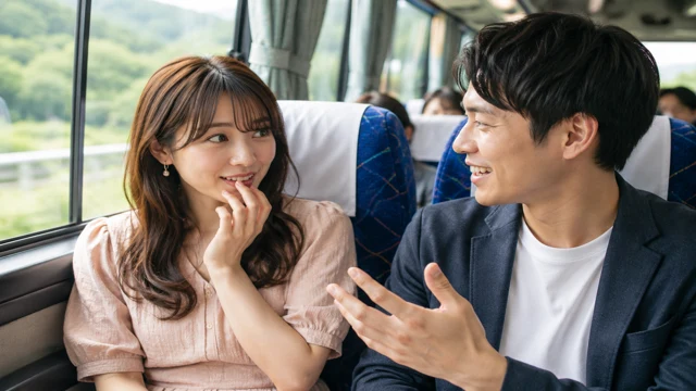 恋のバスツアー車内で、窓側に座る美人女性と笑顔で会話する男性。よく喋る女性の恋愛心理をイメージしたシーン