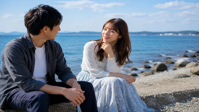 昼間の海辺で会話する男女。美人な女性が落ち着いた笑顔で話し、男性が惹かれている恋愛イメージ