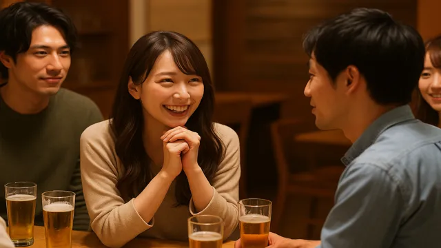 合コンで、タイプの男性から「休日ってどんなふうに過ごしてるの？」と聞かれ、嬉しそうにテンションが上がる女性の笑顔。