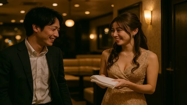 トイレを出たわくいっちにおしぼりを差し出すホステス。自然な笑顔に“特別扱いされた”と錯覚する一幕。