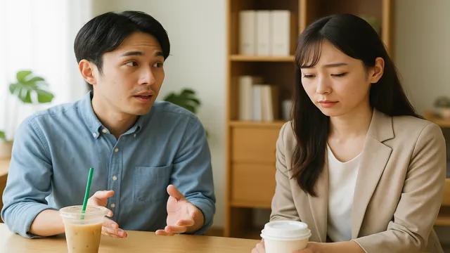 職場の昼休みに男性社員が女性社員に話しかけるも、彼女が反応せず、気まずい空気が流れる瞬間。