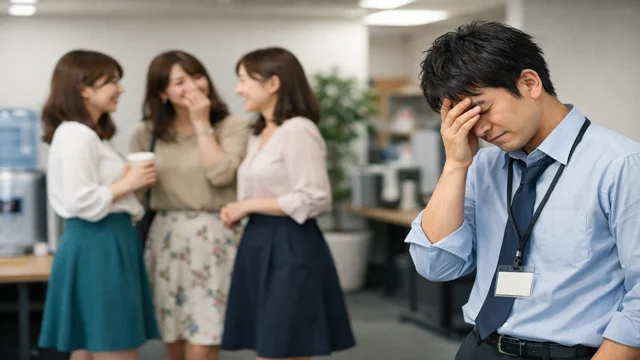 職場の休憩時間、談笑する女性社員3人組を横目に、香水の変化を気にして頭を抱える男性社員の未遂シーン