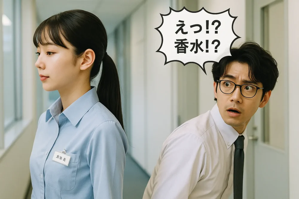 廊下ですれ違いざま、香水の香りに驚く男性社員と、自然体の女性社員