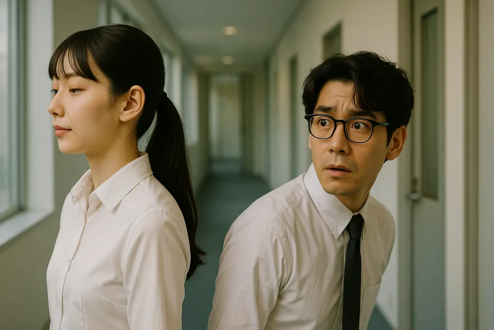 廊下ですれ違いざま、香水の香りにハッとする男性社員と、自然体で歩く女性社員の様子