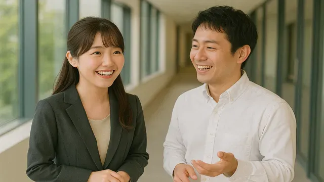 職場に香水をつけてきた20代女性社員に、30代男性社員が笑顔で声をかけるシーン