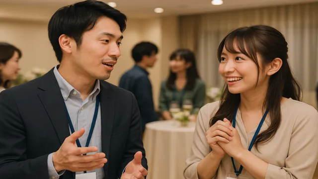 婚活パーティーで、男性が趣味の話をすると、女性が興味津々に反応して会話が盛り上がる瞬間。
