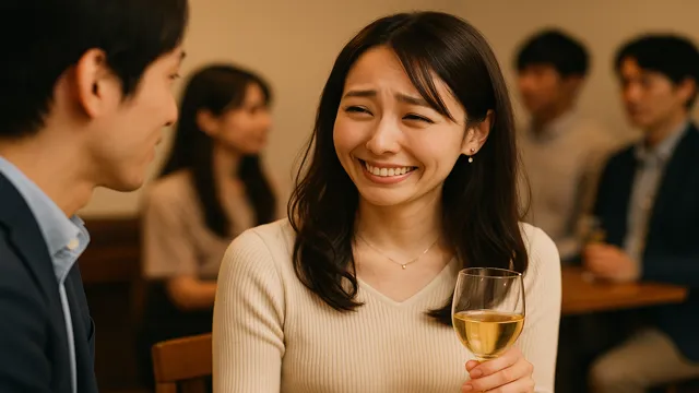 婚活パーティーで「休みの日は何してるの？」と聞かれ、ああまたか…と苦笑いする女性参加者。