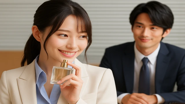 職場で急に香水をつけ始めた女性と、その変化に気づく男性の心理シーン