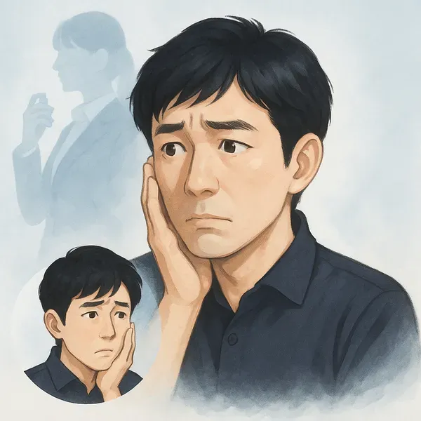 気になる女性が急に香水をつけ始めた理由を想像して不安そうにする男性を描いたイラスト