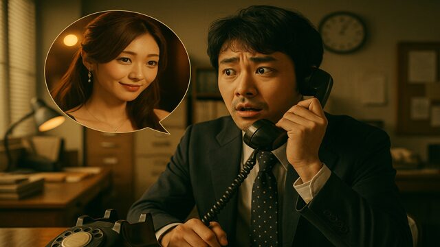 職場の店にかかってきたナンバーワン美人ホステスからの電話に、戸惑いながら応対する若きわくいっち。