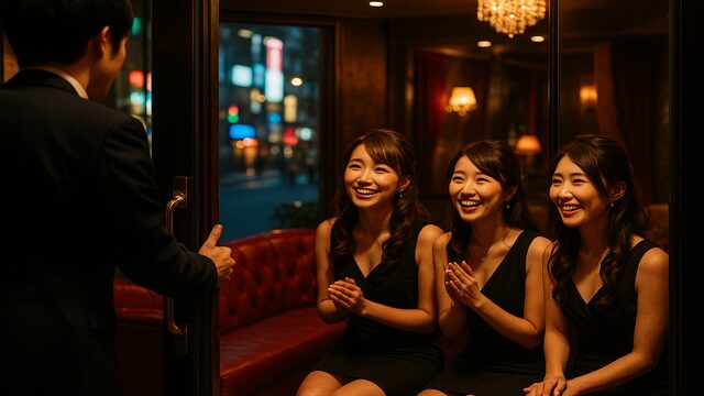 店のドアを開けた瞬間、笑顔で迎えてくれる夜の蝶たち。夜の街の温かさが滲むワンシーン。