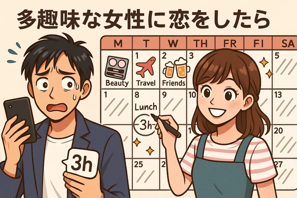 多趣味な女性の予定に翻弄され、スマホを見て困惑する男性と、予定びっしりのカレンダーを書き込む女性を描いた恋愛ブログ用アイキャッチイラスト。3時間だけの隙間デートを象徴的に表現。