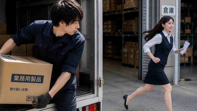 男性の委託社員が、取引先の商品を商用車へ積み込むそばを、女性社員が小走りで倉庫へ向かう場面