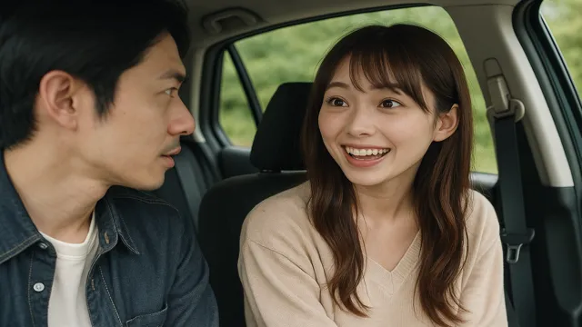 車内で会話中、わくいっちに興味津々な表情を向けるMちゃん。初デート中にスイッチが入った瞬間。