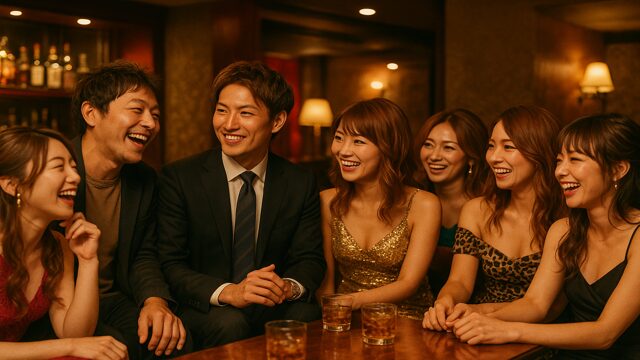 若いわくいっちと先輩、そして5人の夜の蝶たちが楽しく会話しながら飲んでいる夜の店内シーン。