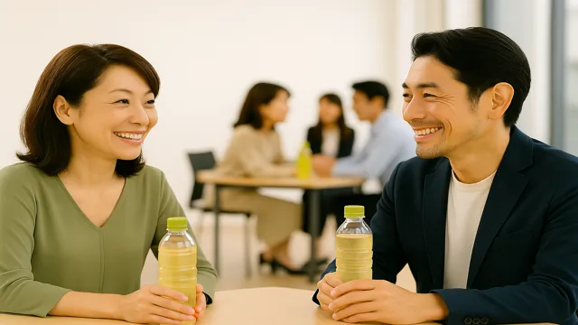 婚活パーティーでテーブル越しに談笑する40代男女。自然体で会話するフィオーレの雰囲気を伝える画像