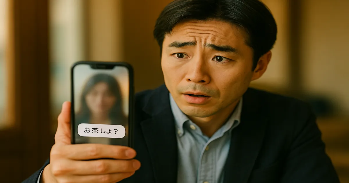 スマホ画面に映る48歳女性から「お茶しよ？」と届き、驚きとときめきが入り混じった表情を見せる、同い年わくいっちをイメージしたアイキャッチ画像