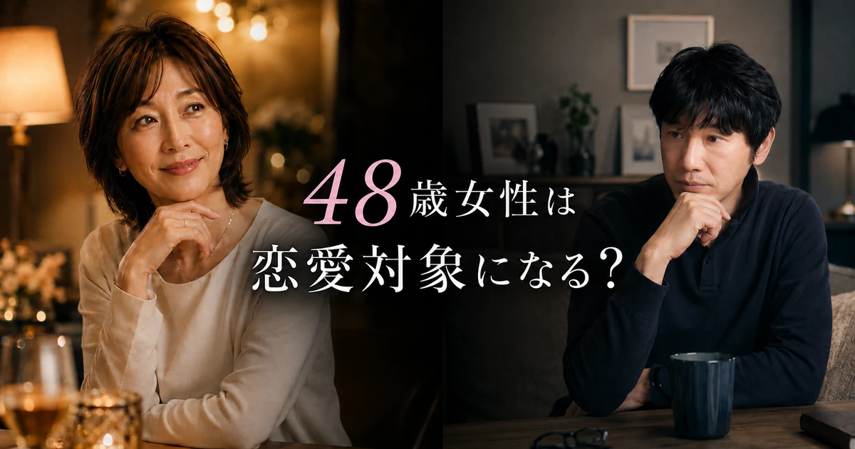 夜のラウンジで微笑む48歳女性と、部屋で恋愛に迷う同い年男性を左右に描いたアイキャッチ