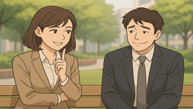 オフィス街のベンチで、女性が笑みを浮かべながら男性の「どこ行きたい?」という誘いに賢く返すシーン。男性は苦笑いを浮かべて聞いている。