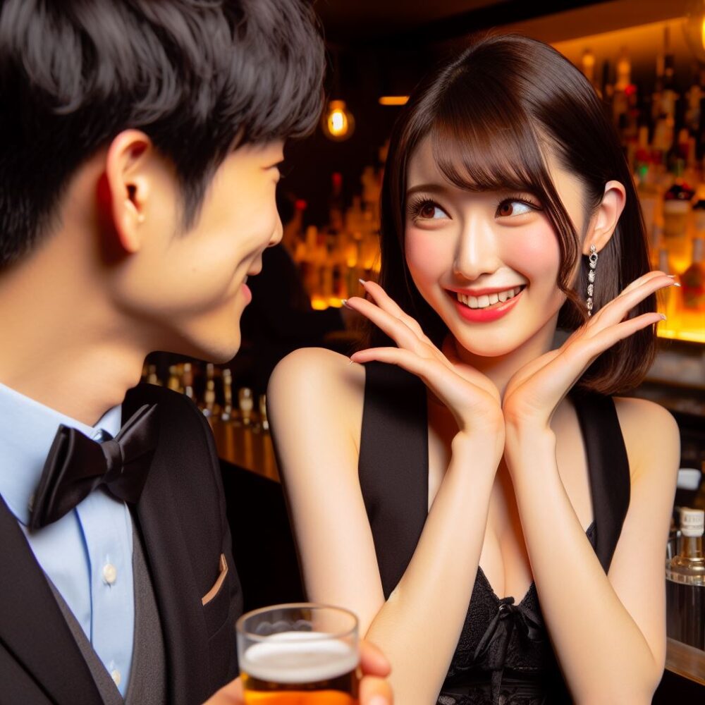 バーの照明の中で、男性に微笑みながらリアクションする女性。キャバ嬢の可愛い仕草と会話の温度を表現したイメージ。