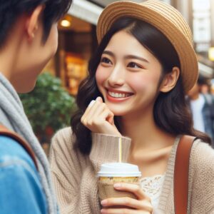 天然系の若い女性が明るく会話するシーン