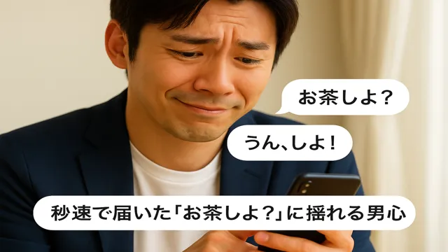 『お茶しよ？』『うん、しよう！』の秒レスに揺れる男性の心情を表したシーン