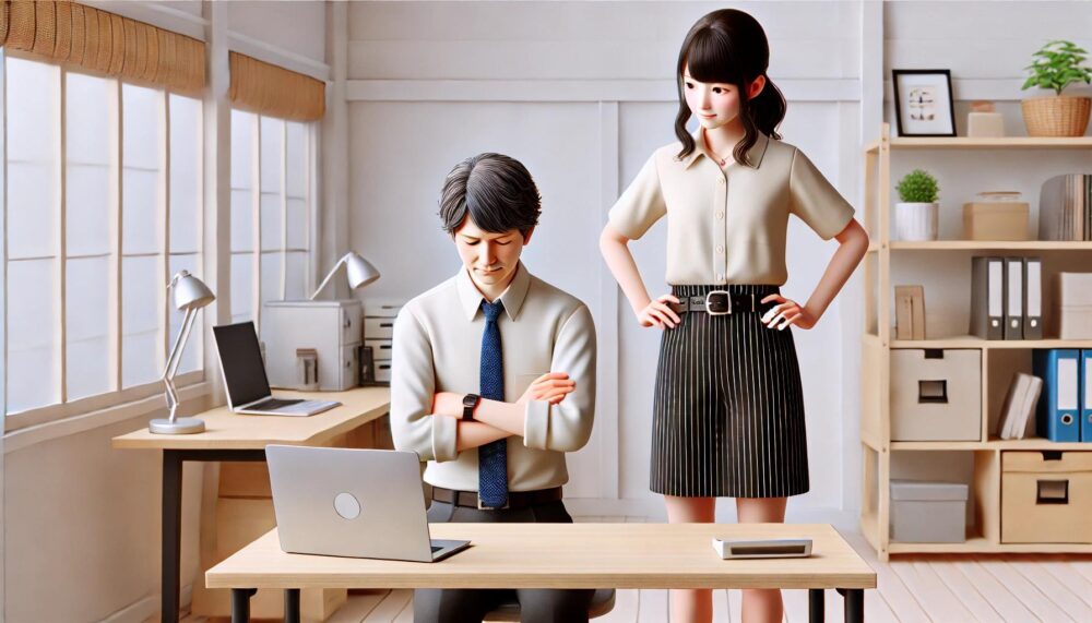 小さなオフィスで若い女性社員に指摘される社長。職場でも起こる“距離感バグ”の象徴シーン。