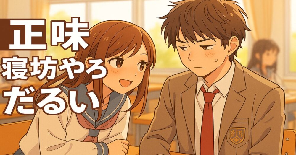 教室で男子をからかう女子高校生。関西弁の『正味』『だるい』が飛び交う青春の一コマ。
