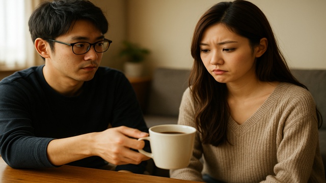 不機嫌な彼女の前に黙ってコーヒーを置く男性のシーン