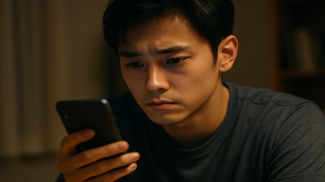 名前のない着信に切なげな表情でスマホを見つめる男性