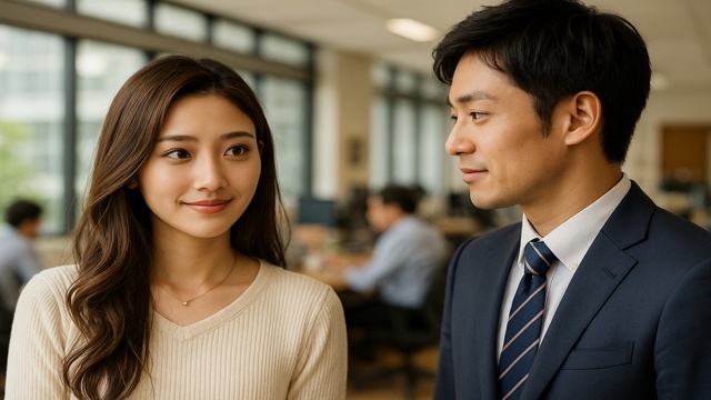 職場で初めて出会ったO型女性と男性のシーン