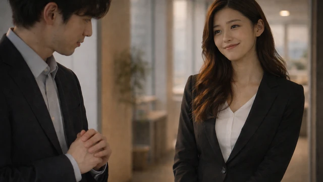 職場で香水をつけたか尋ねる男性に、年上O型女性が穏やかに首を横に振る気まずい一瞬